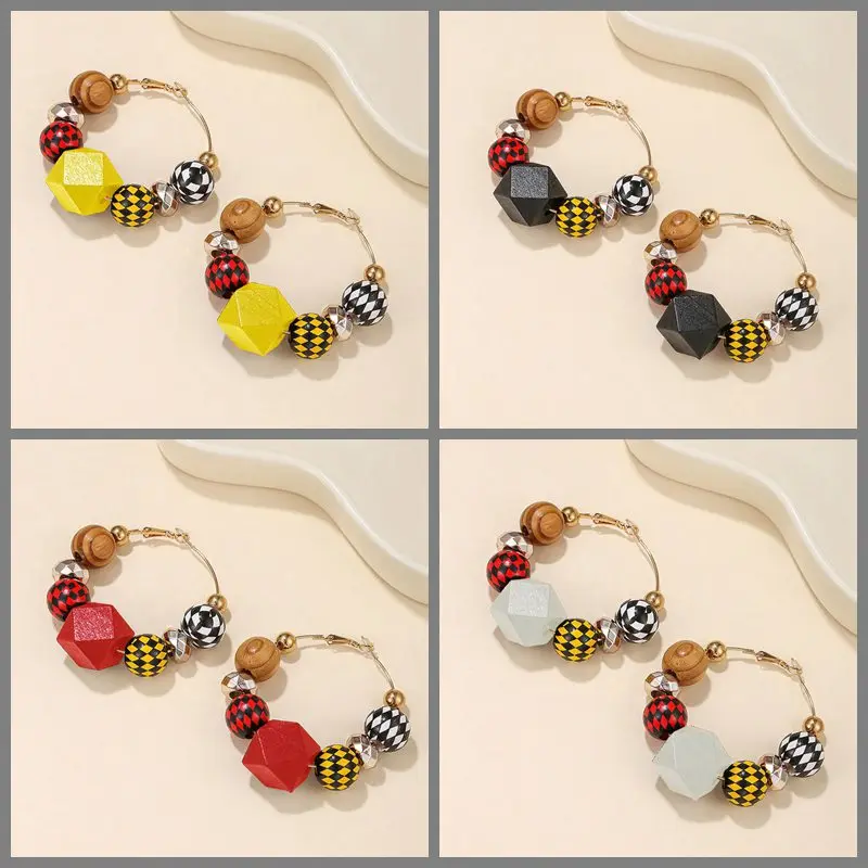 Vintage Ethnic Plaid Printing Geometric Wood Beads Big Circle Hoop Earrings for Women Daily Wear Beaded Jewelry