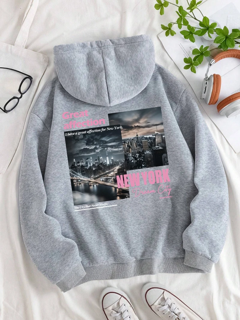 New York Dream City Printed Hoodies Casual Fashion Women Pullover Fleece Warm Pocket Sweatshirt Sporty Oversize Street Clothes