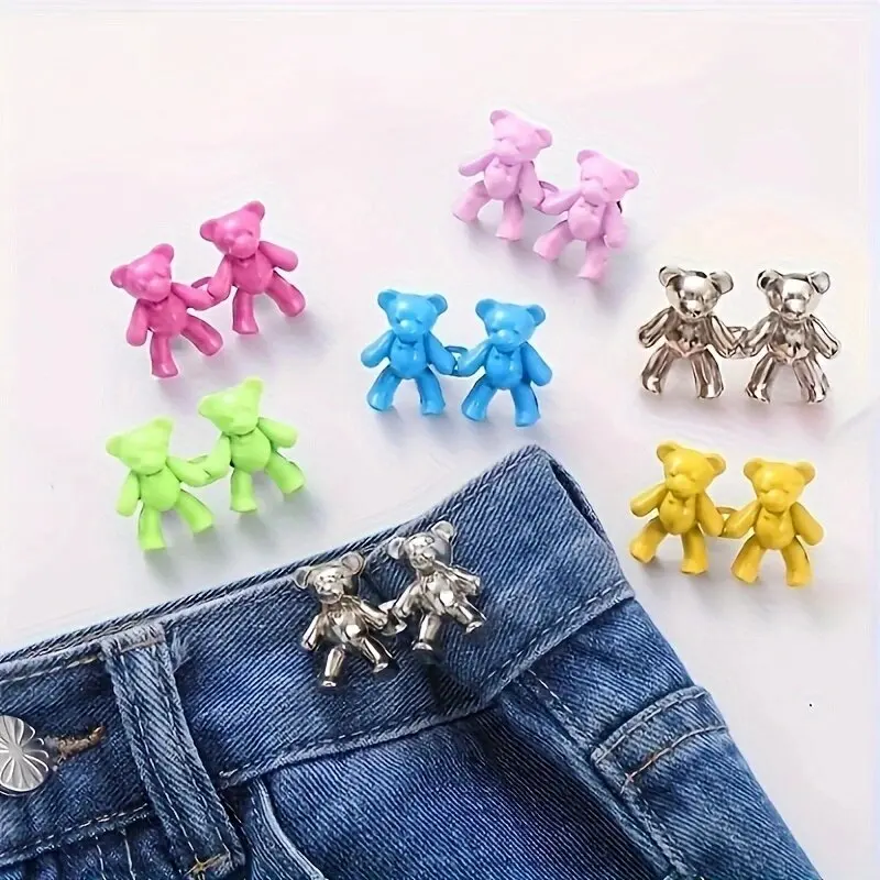 2Pcs Women Tighten Waist Button Metal Pins Clothing Accessories Adjustable Waist Clip Detachable Metal Bear Button for Skirt Pan