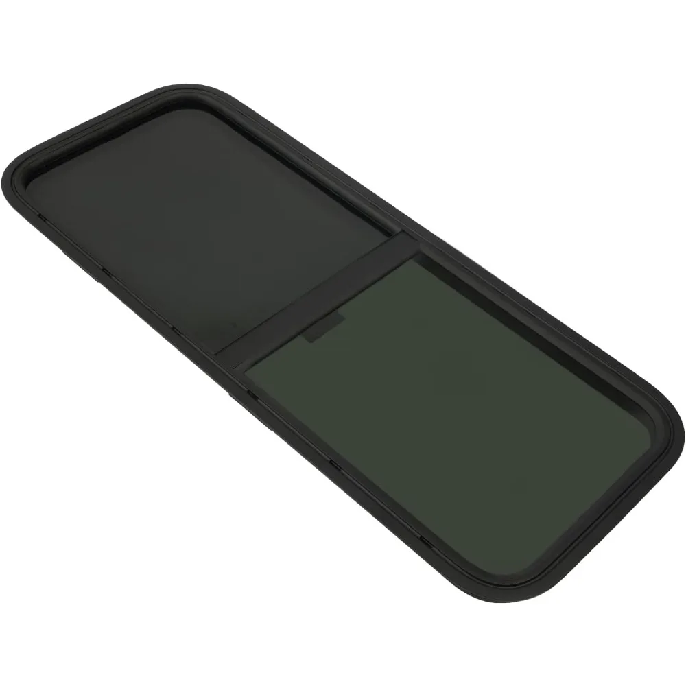 نافذة RV عالمية، 42 عريضة × 22 عالية، زجاج مقسى منزلق أفقي مع شاشة، زخرفة سوداء، تصميم دمعة عالية الخصوصية