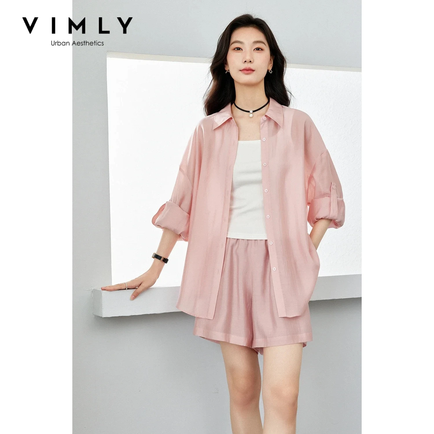 

VIMLY Women's Casual Two Piece Set 2026 Summer Simple Thin Loose Long Sleeve Shirt Elastic Waist Shorts Office Outfits M7620