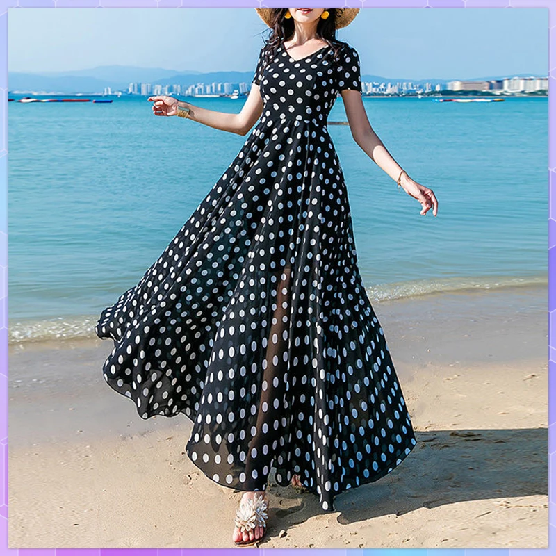 Dress Ladies Polka Dots Maxi O-Neck Slim Empire Elegant Boho Plus Size Dresses For Women 2022 Office Simple All-Match A-Line