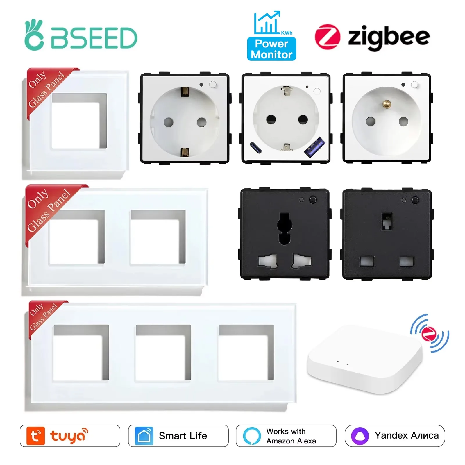 BSEED Zigbee EU/FR/UK/uniwersalne inteligentne gniazdo ścienne wtyczka części funkcyjne z monitorem mocy szklane ramki DIY części darmowe połączyć
