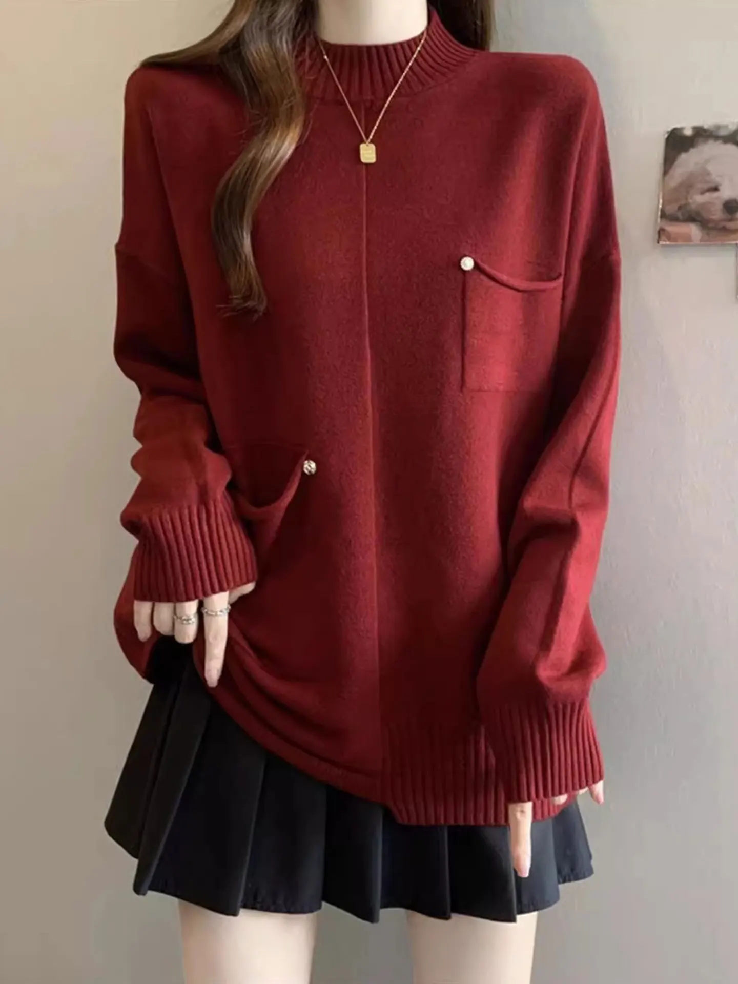 

Вязаный свитер Ele винного цвета с длинными рукавами и высоким воротником, женский базовый топ для осени и зимы, большие размеры, комфортная посадка