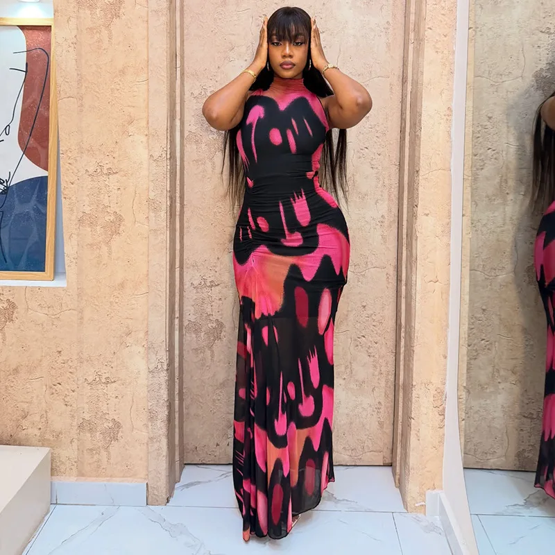

STYLISH LADY High Neck Sleeveless Tie Dye Print Bodycon Maxi Dress 2026 Summer Women Mesh Sheer Cutout Ruched Party Dress