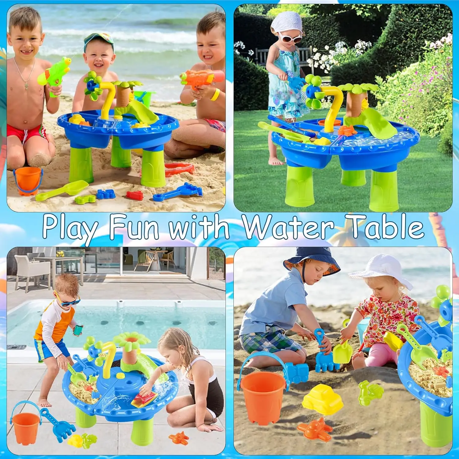 Sandbox da tavolo ad acqua per bambini gioco sensoriale all'aperto con giocattoli di sabbia e piscina Splash, perfetto per l'attività estiva dei più piccoli