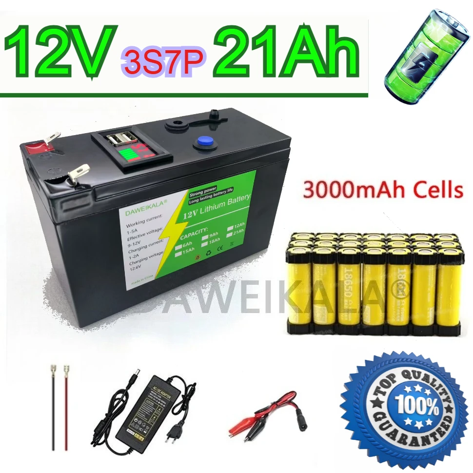 

12 В 21 Ач 18650 литиевый аккумулятор 3S7P аккумуляторная батарея для солнечной энергии аккумулятор электромобиля 12,6 В 3A зарядное устройство