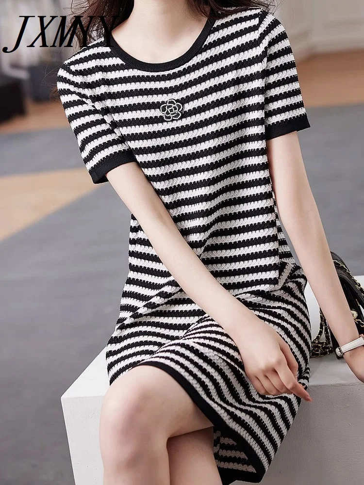 

JXMYY-Short-Sleeved Striped T-Shirt Dress for Women, Round Neck, Color Contrast, Loose and Thin, Casual Straight Skirt, Summer,