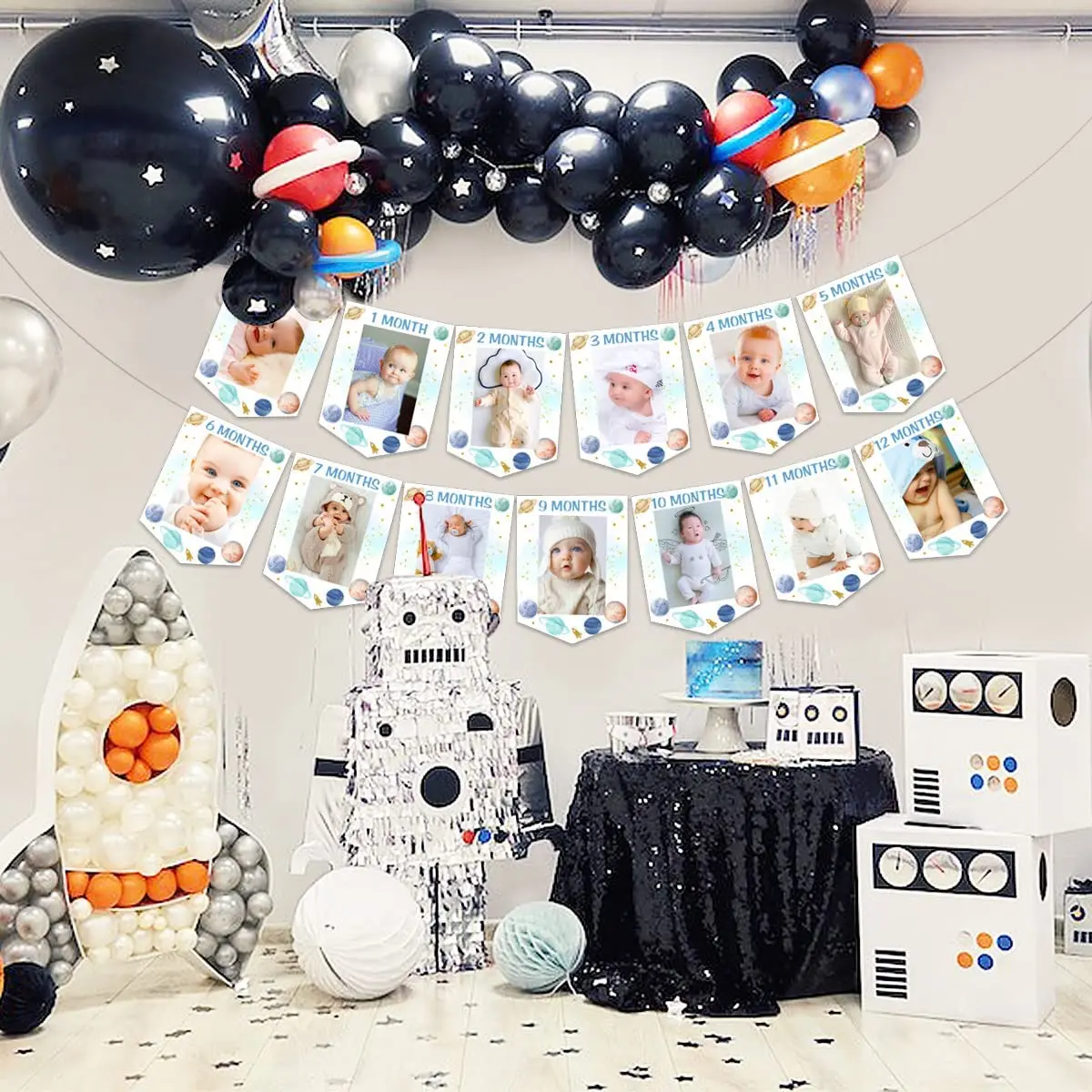 Funmemoir Outer Space Theme 1st Birthday Photo Banner First Trip Around The Sun Birthday Decoration for Newborn To 12 Months Boy