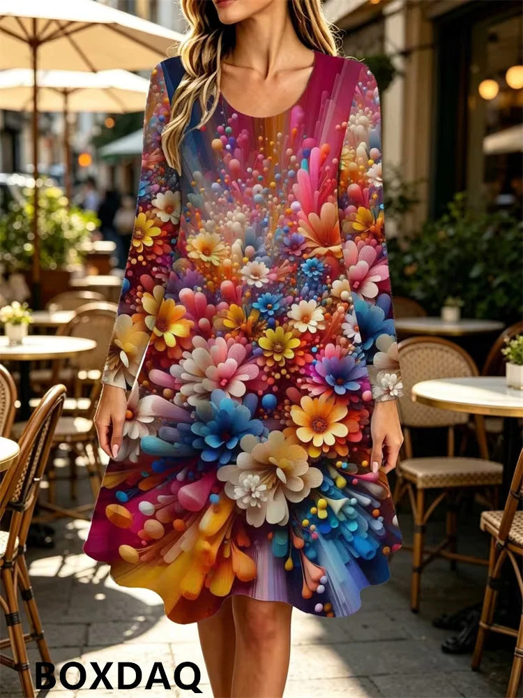 2026 Autumn Pullover Dresses For Women Loose Long Sleeve O-Neck Women's Fashion Flowers 3D Print Casual S-3XL Dress