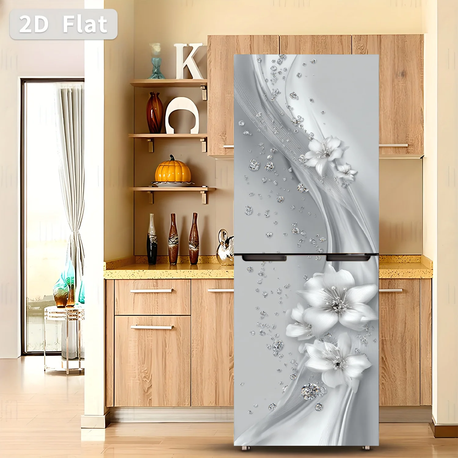 of Printed Refrigerator Sticker, Measuring 60×180 Cm, Featuring a Silver Floral Diamond Shadow Design. This Self-Adhesive Wall view 2