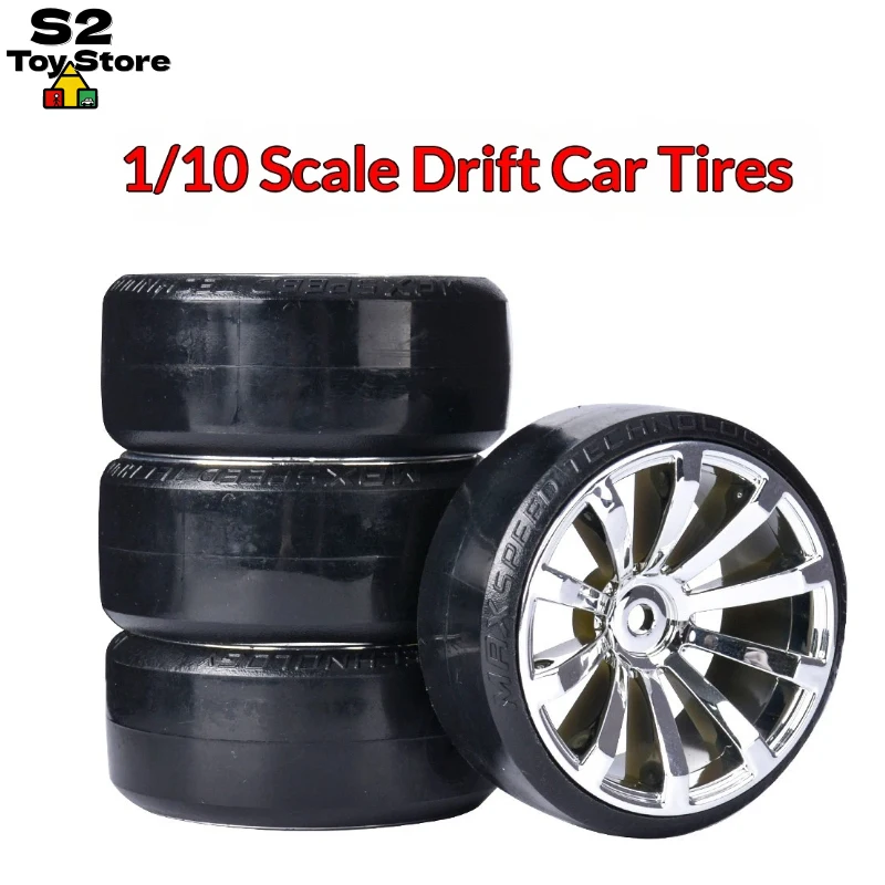 1/10 Scale RC Drift Tire & Wheel Set Silver Rims Slick Tires for Yokomo D5 MST 94123 & Similar On-Road Chassis