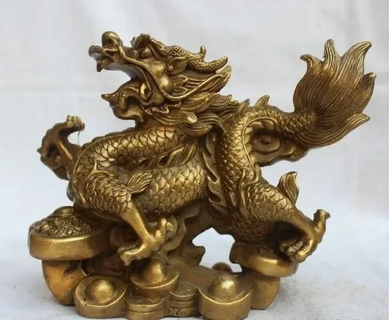 

8" China Chinese Folk Feng shui Brass Lucky Zodiac Year Dragon Wealth Statue