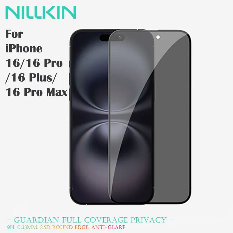 زجاج خصوصية تلقائي التثبيت لسلسلة iPhone 16، NILLKIN Guardian 9H مضاد للتجسس وشفاف عالي الدقة بنسبة 99%، تغطية كاملة مضادة لبصمات الأصابع
