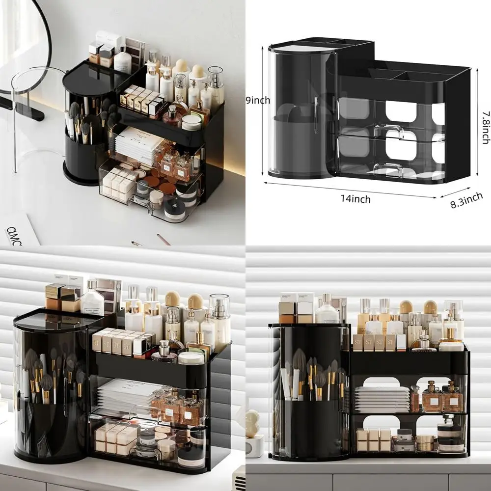 

Большой черный органайзер для макияжа с вращающимся держателем кистей для столешницы, ухода за кожей и косметики.