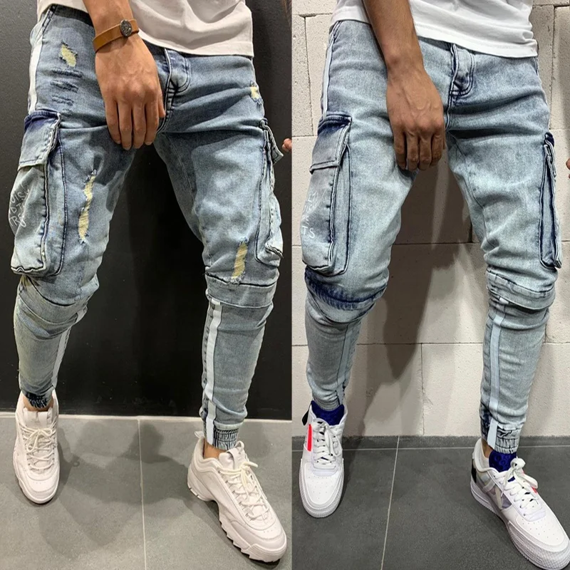 Multi Pocket Men's Pants Jeans 2023 New Straight Cycling Loose Blue with Side Pockets Casual Men Clothing