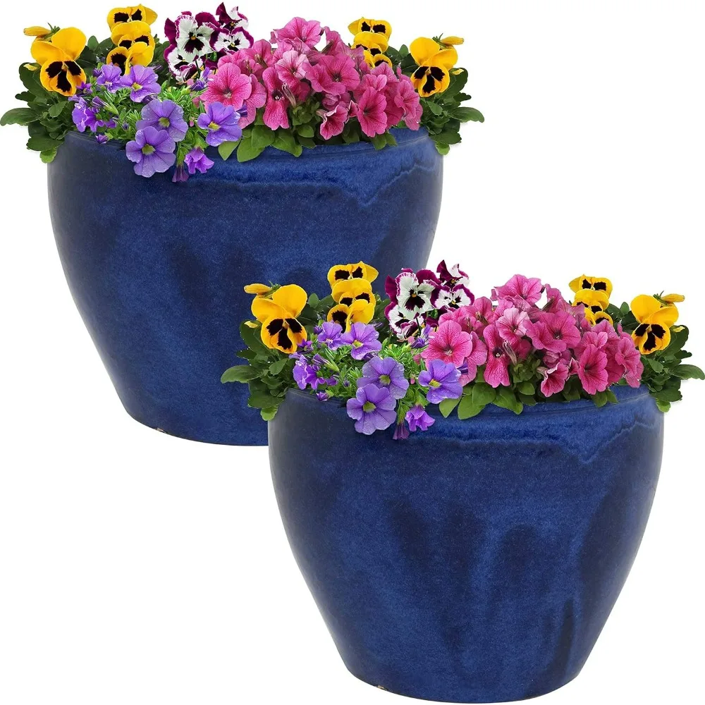 

Imperial Blue Glaze Finish - 12-Inch - Set of 2, Chalet Ceramic Indoor/Outdoor Planter - UV- and Frost-Resistant, Plant Pot