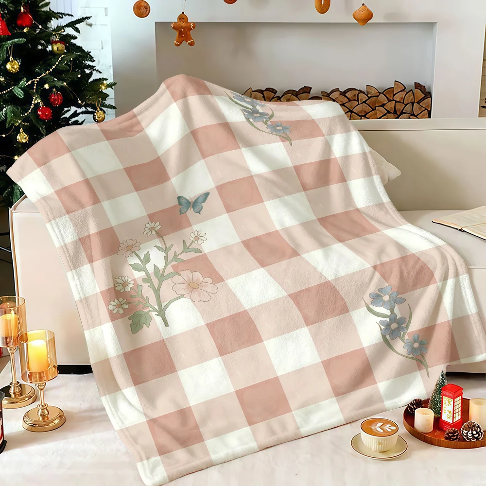Blush Pink Gingham Floral Butterfly Flannel Blanket Soft Fuzzy Plush Cozy Warm Throw for Sofa Bed Couch Home Decor
