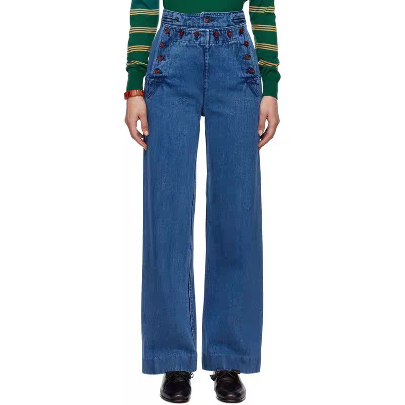

The 2025 summer new women's retro high-waistedcontrasting red button pure cotton jeans y2k high-qualityCasual straight-leg pants