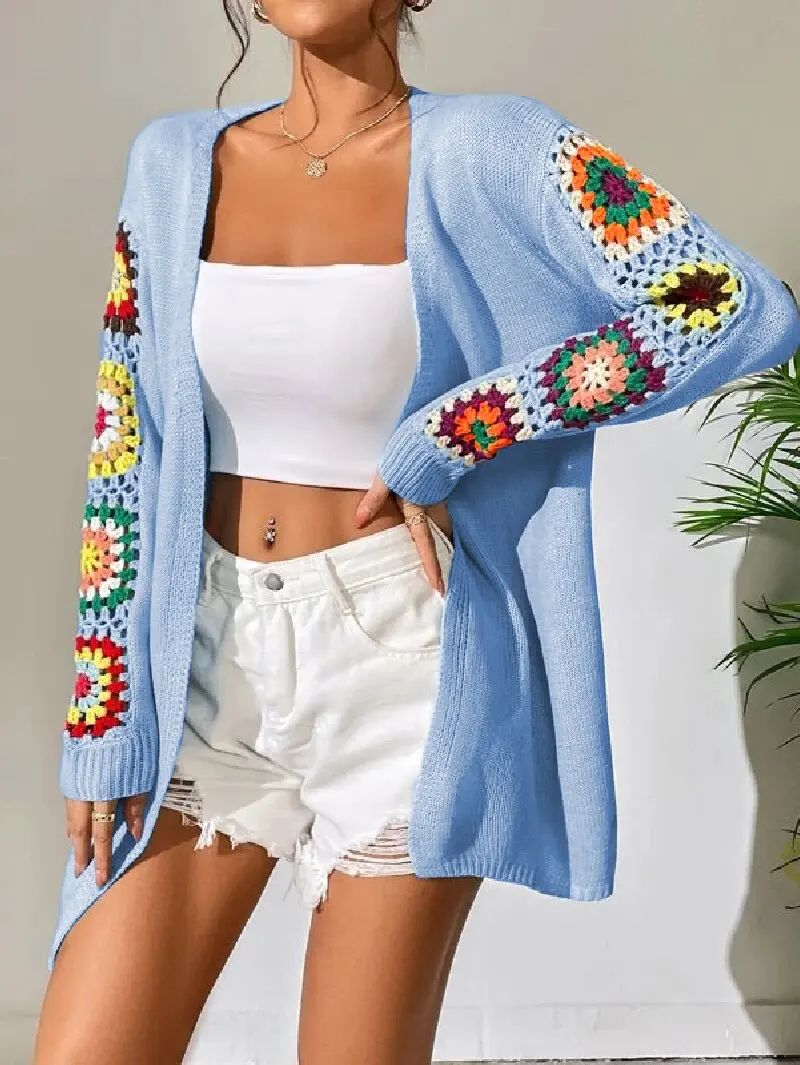 Women\'s Open Front Crochet Insert Drop Shoulder Boho Casual Cardigan Sweater