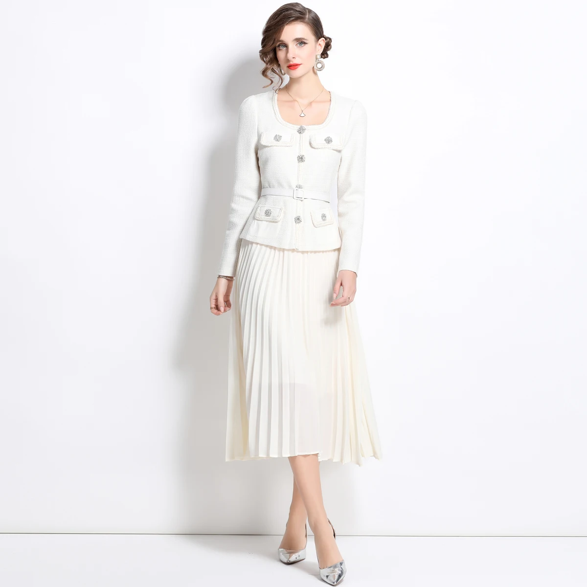 High Quality Runway White Lace Patchwork Square Collar Single Breasted Pockets Pleated Midi Dress Elegant Office Lady Robe