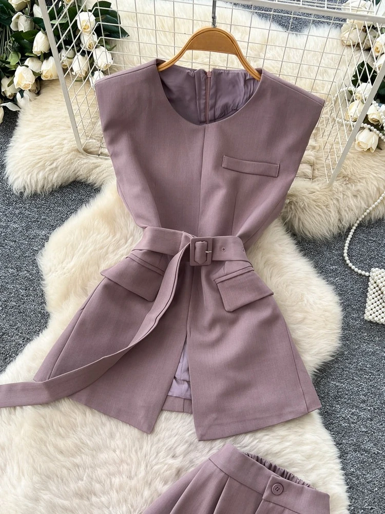 Korean style commuting solid two-piece set women's summer new high-end zip lace-up waist vest high waist wide leg pants set