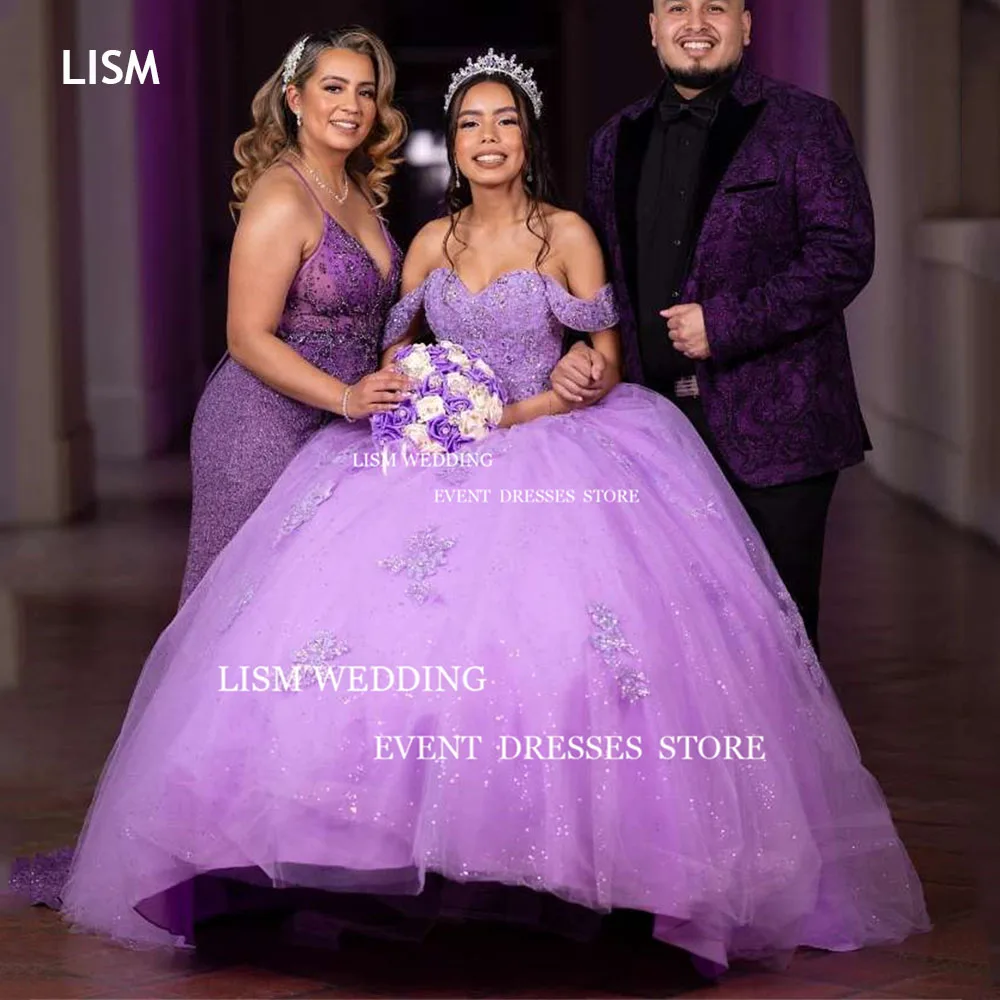 LISM-vestido de quinceañera púrpura con purpurina para niña, traje de baile de línea A, sin hombros, con cristales, para fiesta de cumpleaños, 2024