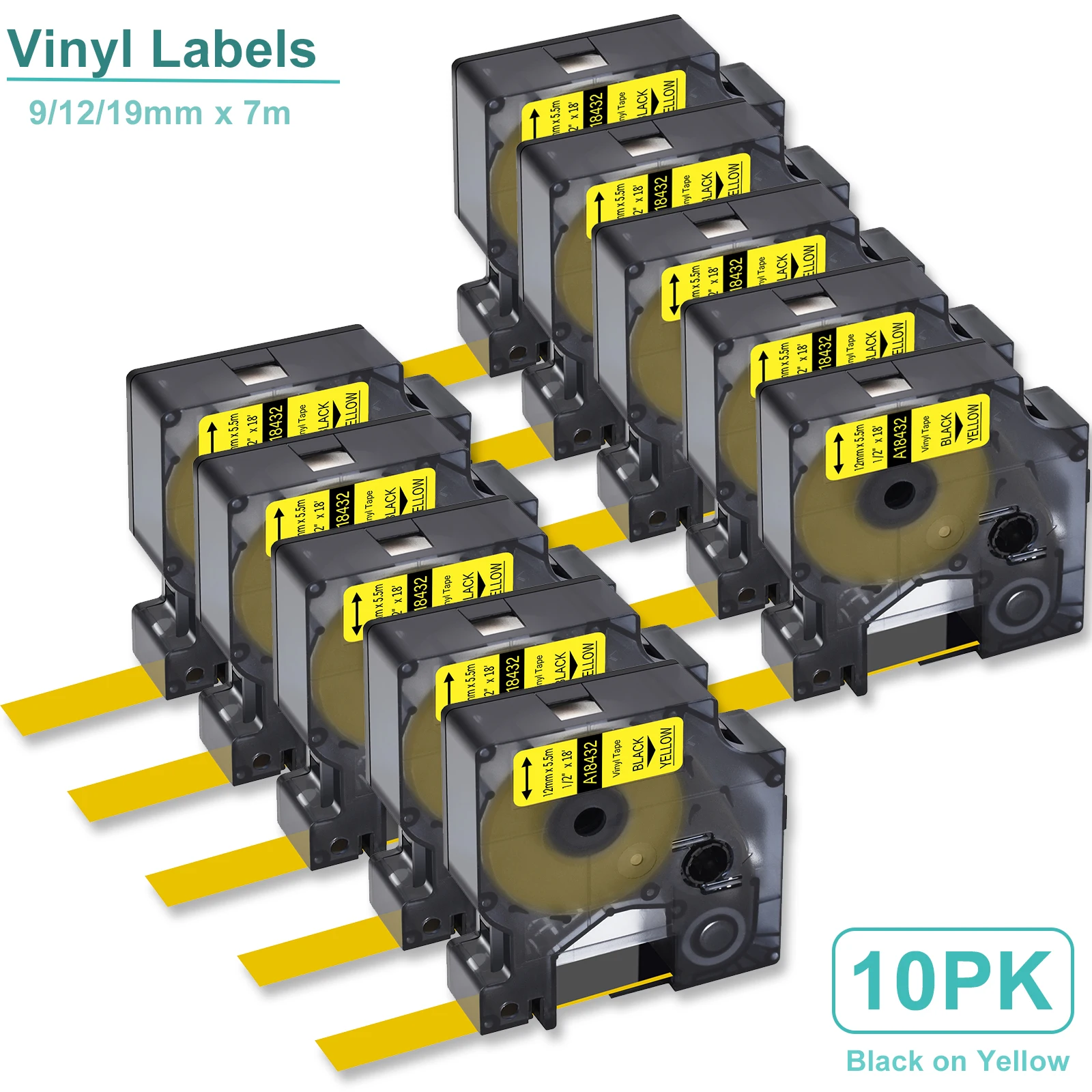 

10PK 9/12/19mm IND Vinyl Labels Compatible for Dymo A18433 Black on Yellow Label Tape for Dymo Rhino 4200 5000 5200 Label Makers