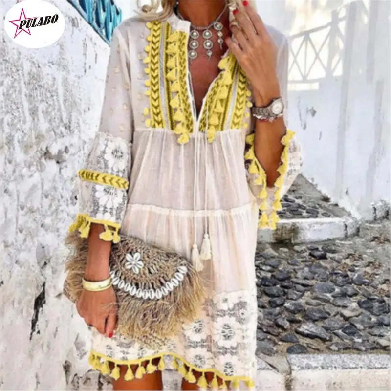 

5XL Fashion EU Boho Mini Dress Women Autumn Pop Tassel loose V Neck Dresses Lady Beach Female Clothing