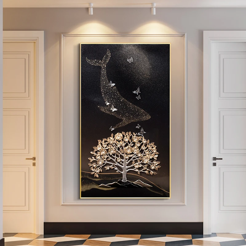 Whale And Butterfly Elements Modern Style Romantic Luxury Gold Tree Decoration Hanging 3D Painting For Home Wall Decor