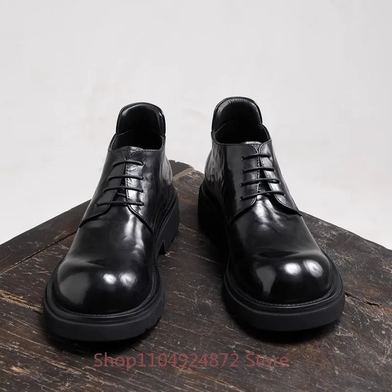 Luxury Fashion Round Toe Derby Shoes Men's Genuine Leather Thick Sole Height Increasing Business Formal Chelsea Boots Man