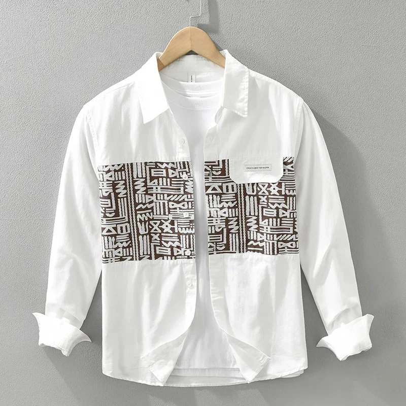 

2024 Autumn New White Patchwork Shirt for Men Cotton Casual Fashion Men's Clothes Oversized Long Sleeve Shirts