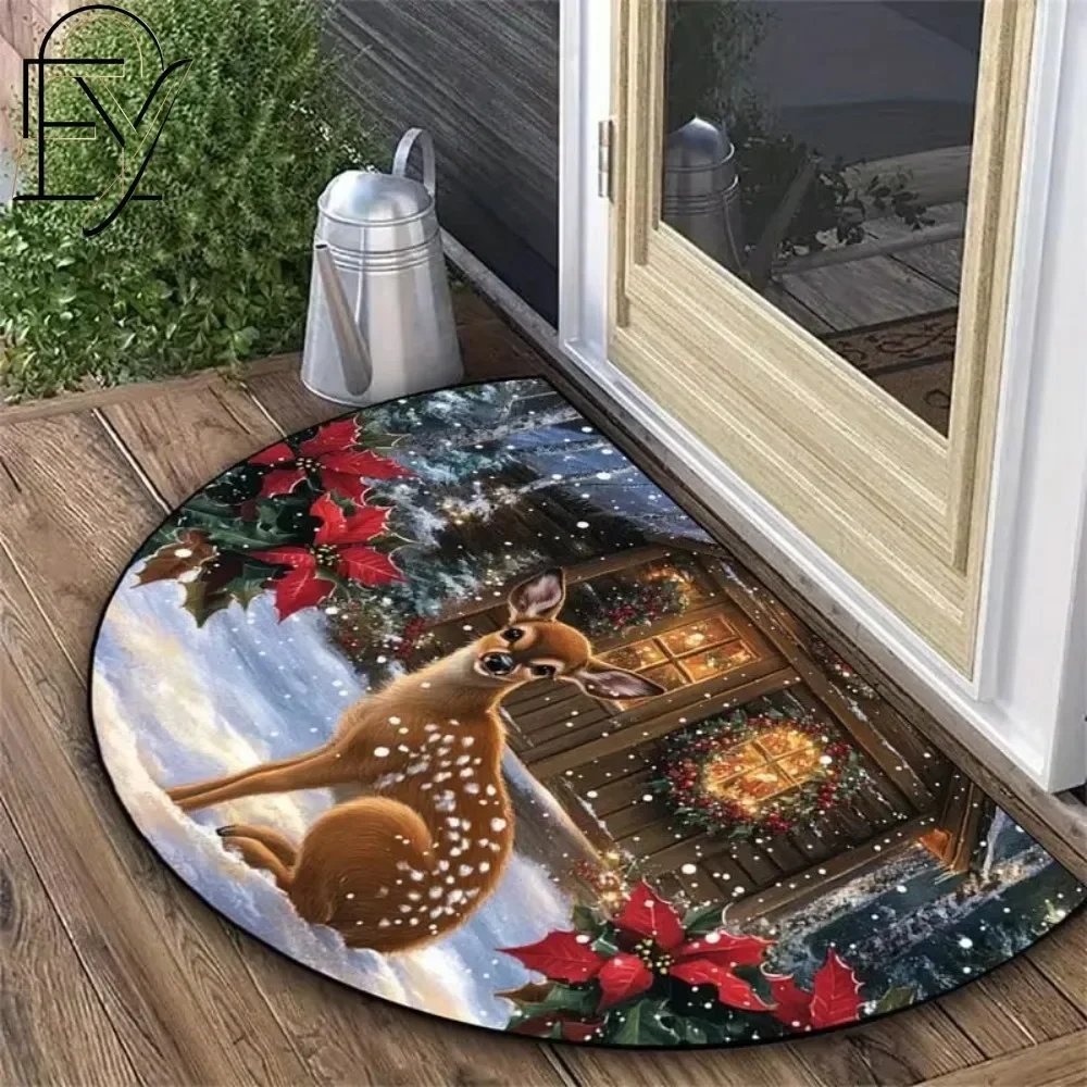 Semicircular Felt Doormat Navy Baroque Floral Medallion Print Non Slip Rug for Elegant Hallway