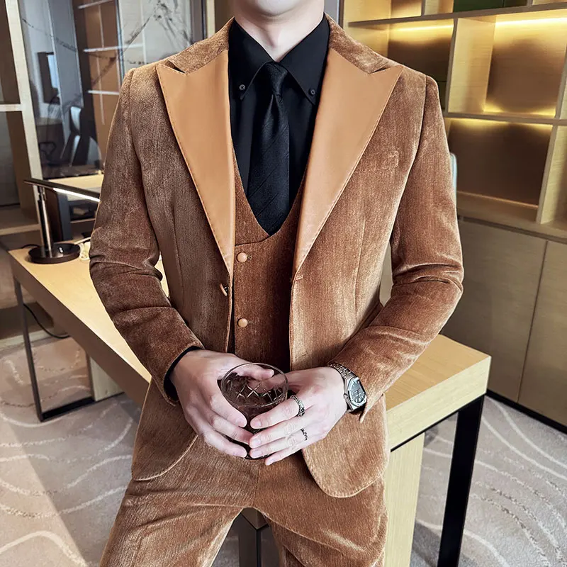 Formal Suit For Men Chenille Patchwork Pu Trend Suit Contrast Color Full Men's Suit 3 Pieces Boyfriend Wedding Dress Costumes