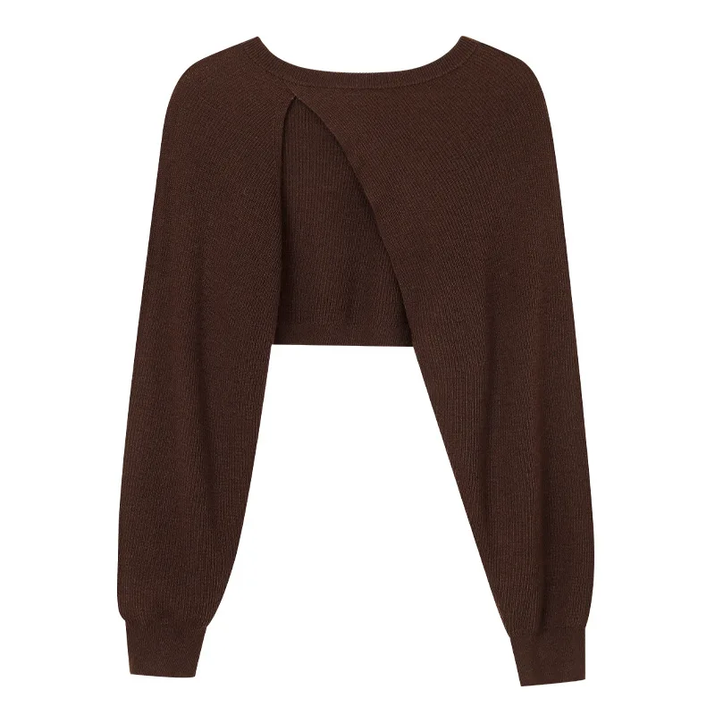 Asymmetrical Bolero Shrugs Cut Out Sleeves Wool Blends Knitted Tops Women Cropped Sweater