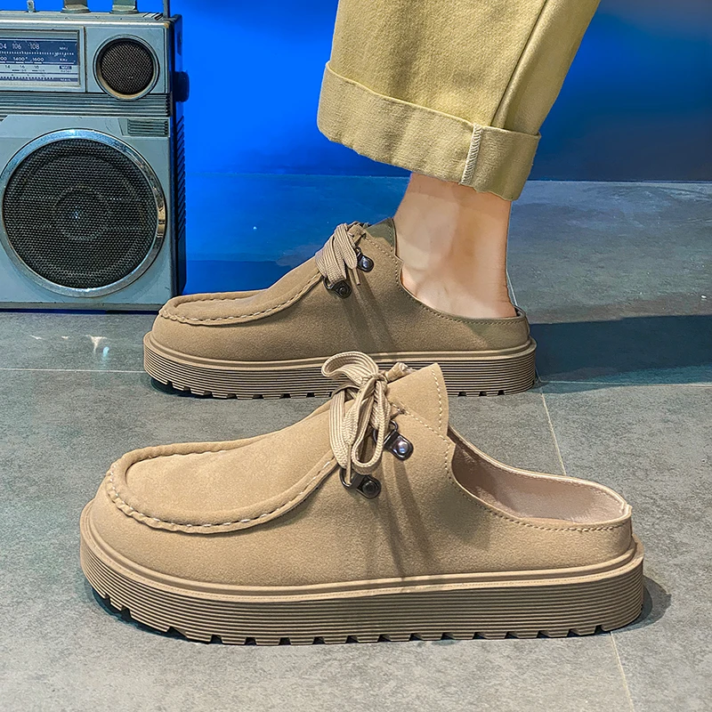 Platform Mules Men Backless Loafers Slipper Thick-soled Half Shoes For Man Closed Toe Slide Sandals Open-back Casual Boat Shoes