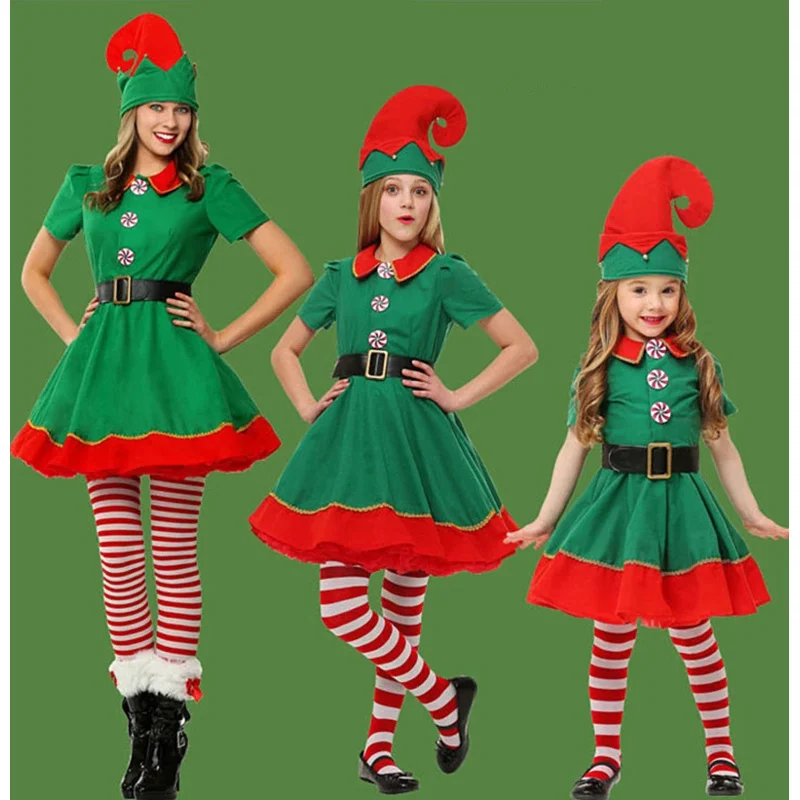 Erwachsene Kinder Kostüm Elf Cosplay Kostüme Weihnachten Abschluss ball Kostüme Frauen Kleider Männer Top Hosen Weihnachts mütze Anzug Halloween Kostüm