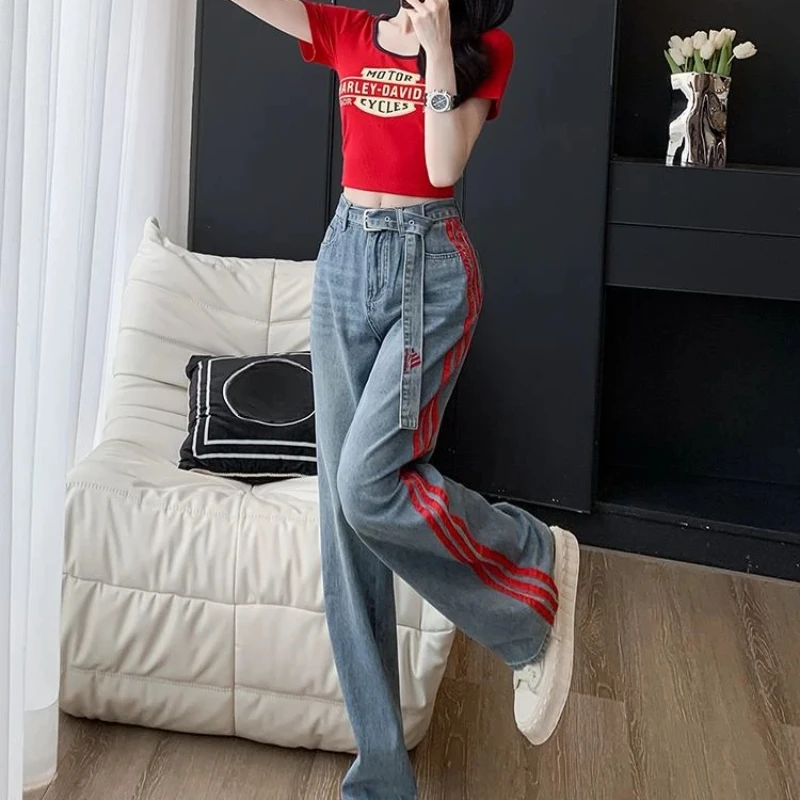 

Women's Jeans Wide Leg Straight Female Cowboy Pants Stylish Size X Larg Original Gyaru Chic and Elegant Streetwear Pant Trousers