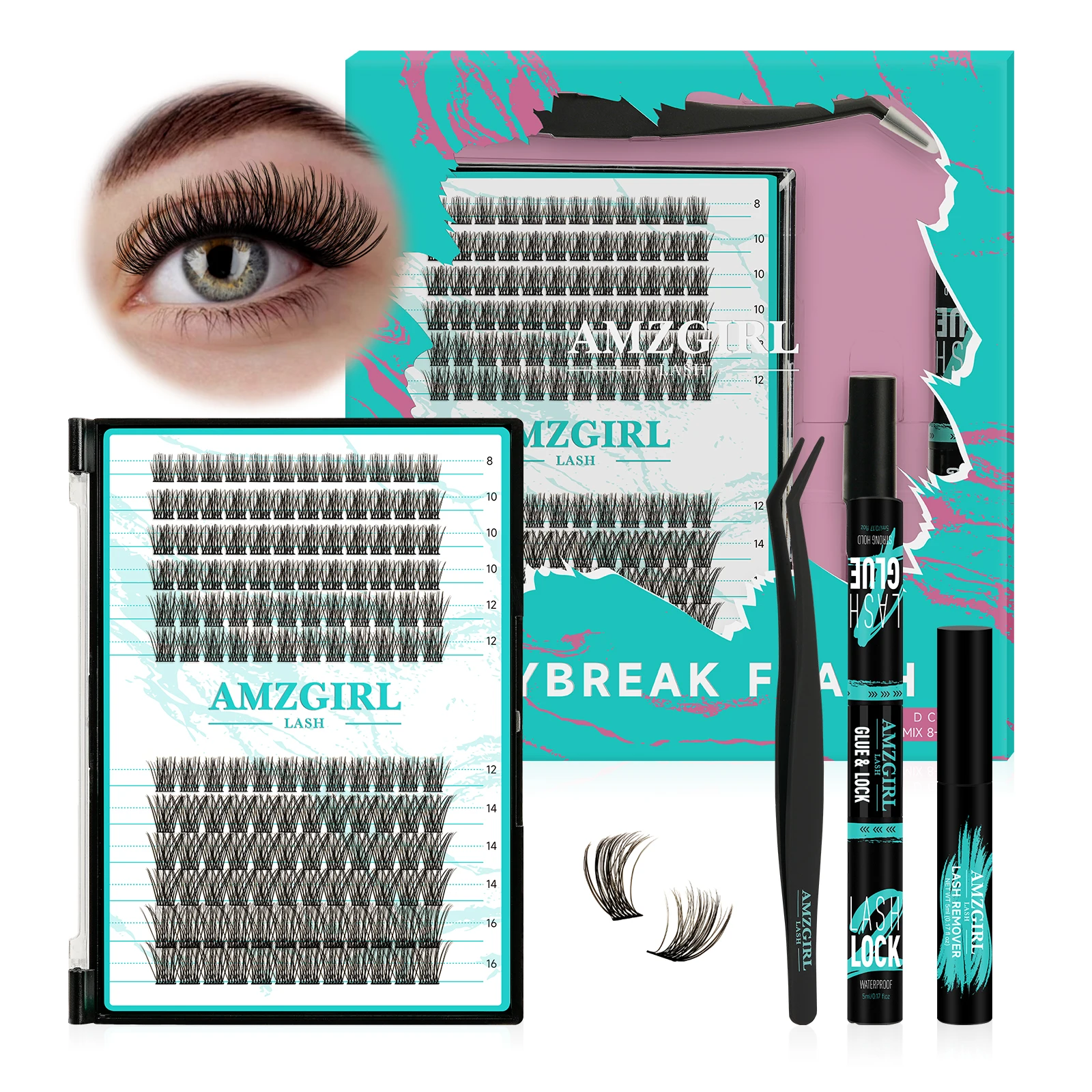 AMZGIRL LASH DIY Eyelashes Kit 144pcs Cluster Lashes D Curl 8-16mix Waterproof Bond and Seal Lash Glue Remover Lash Extension