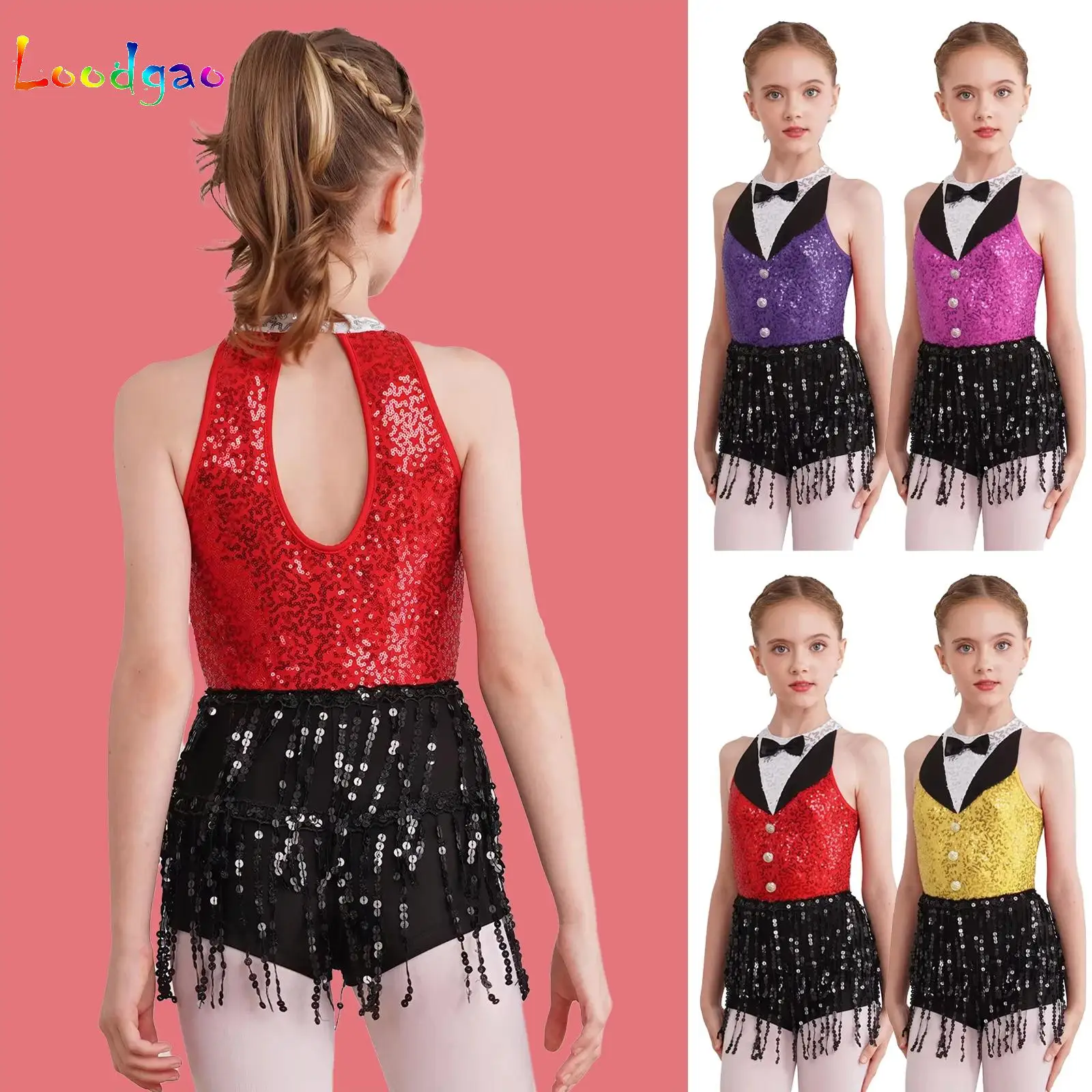Kids Girls Modern Jazz Latin Samba Rumba Salsa Dance Costume Sequins Halter Ballet Leotard Tassel Skirts Competition Dancewear