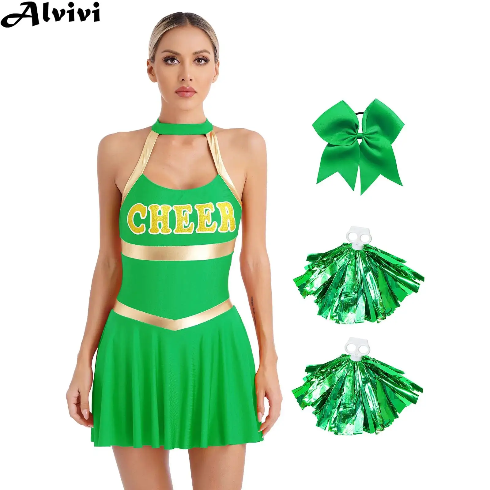 Women Cheerleading Dance Performance Clothes Sleeveless Dress with Hair Band Flower Balls Basketball Match Sports Meet Dancewear