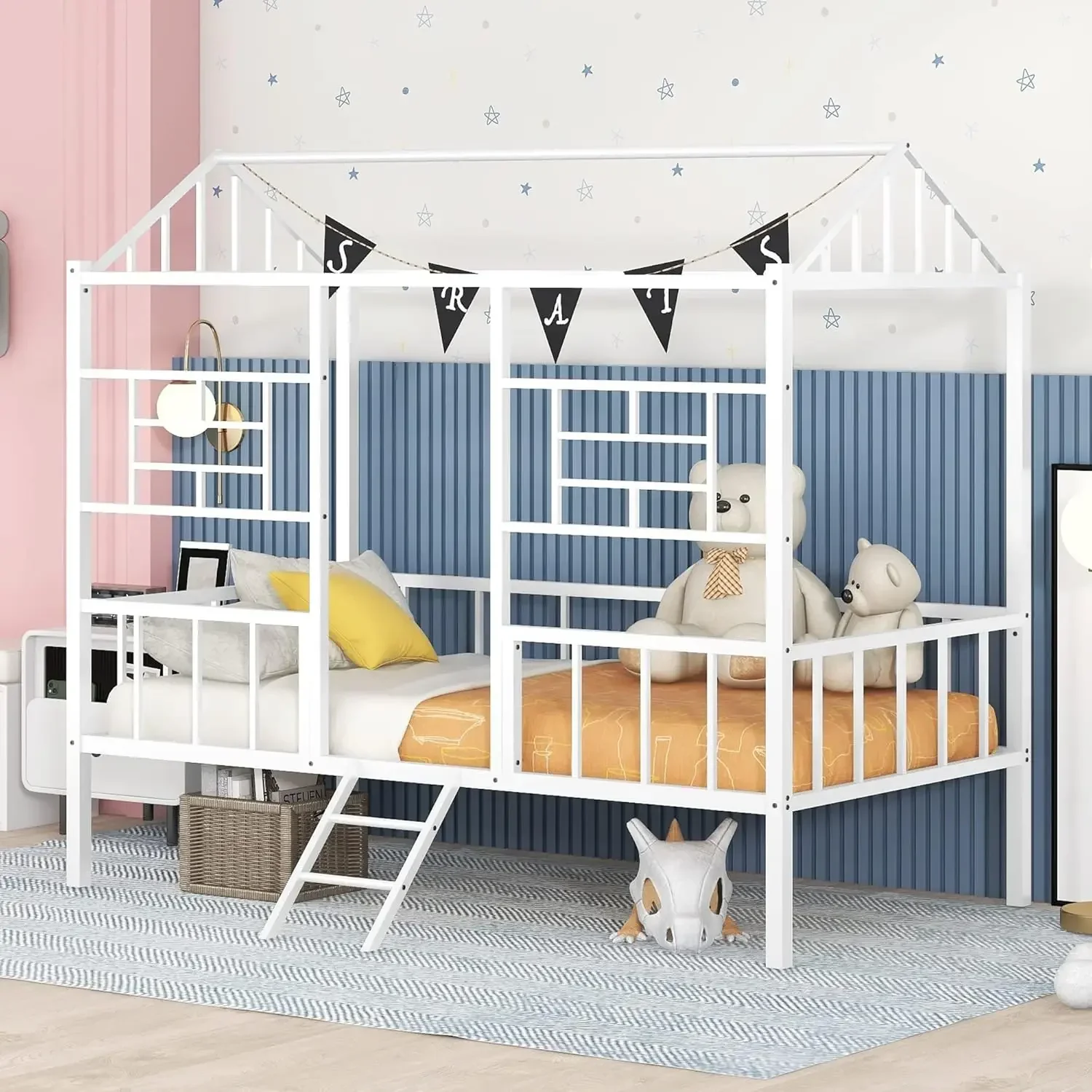 

Twin House Bed with Fence Railings Metal Cabin Bed Frame with Ladder Child Fun Tent Beds for Toddler Kids Boys Girls Teens
