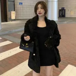 Autumn Fashion Lamb Fleece Jacket Women Winter Warm Double Breasted Plush Outerwear Loose Solid V Neck Long Sleeve Fur Coats