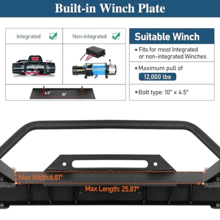 المصد الأمامي متوسط العرض للطرق الوعرة مع لوحة ونش وأضواء LED مدمجة 2 × 25 وات مصممة لتعزيز المتانة والمرئية