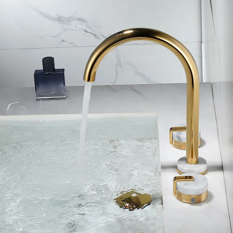 

Tuqiu Bathroom Faucet Gold Widespread 8' Basin faucet Brass and Marble Tap 3 Hole Basin Mixer Hot Cold shower room sink