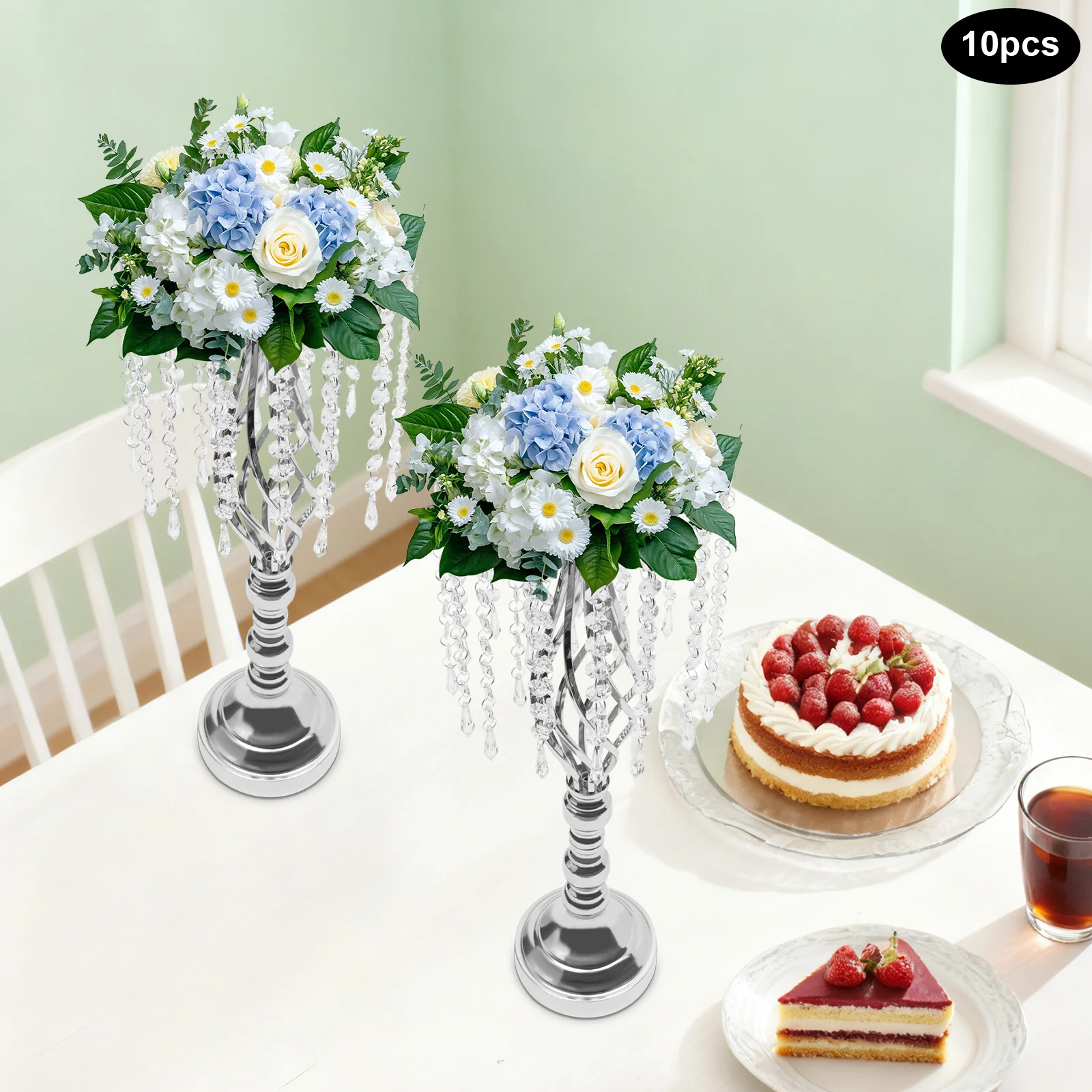 

10 шт. хрустальная подставка для цветов, декор для свадебной вечеринки, подставка для цветочной композиции, высота 1,7 дюйма/55 см, элегантная настольная металлическая ваза для цветов