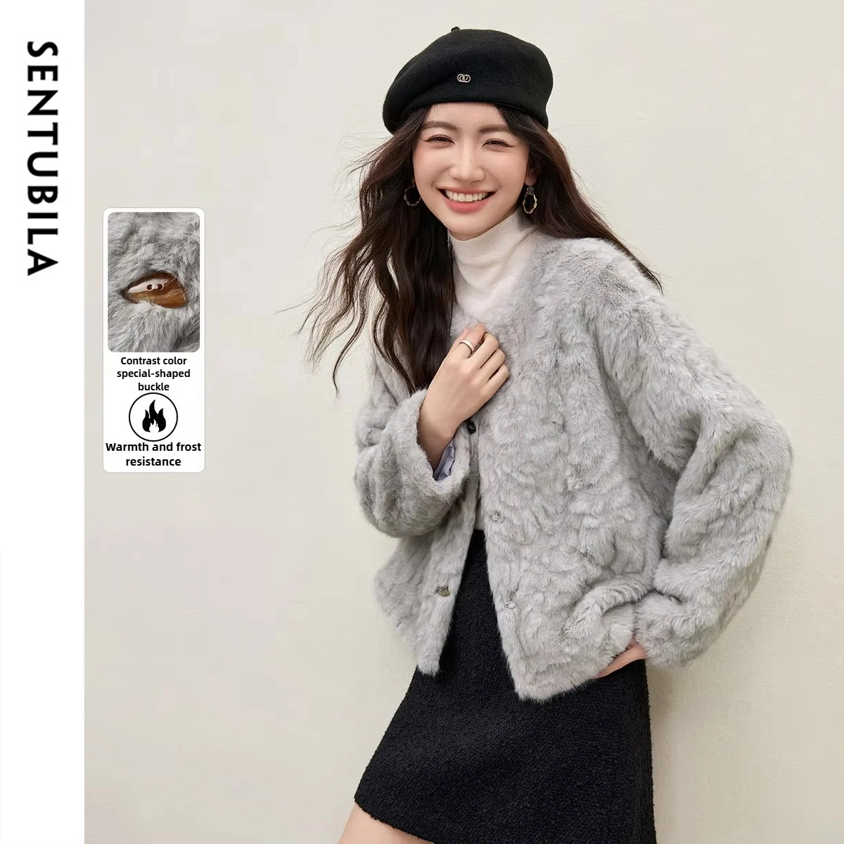 

SENTUBILA Women's Fur Coat 2025 Winter Thick Warm Round Neck Top Long Sleeve Loose Outerwear Casual Cloth for Ladies Q54PD4427