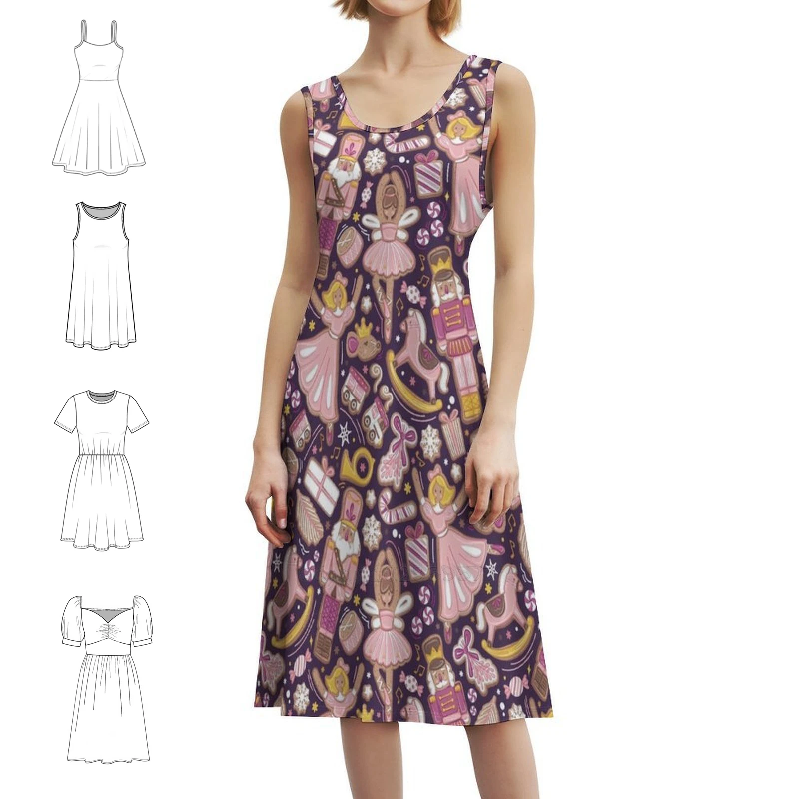 كسارة البندق الباليه الزنجبيل البسكويت اللذيذ / / فستان بوهيمي بدون أكمام متعدد الطباعة فستان حفلة عطلة الشاطئ