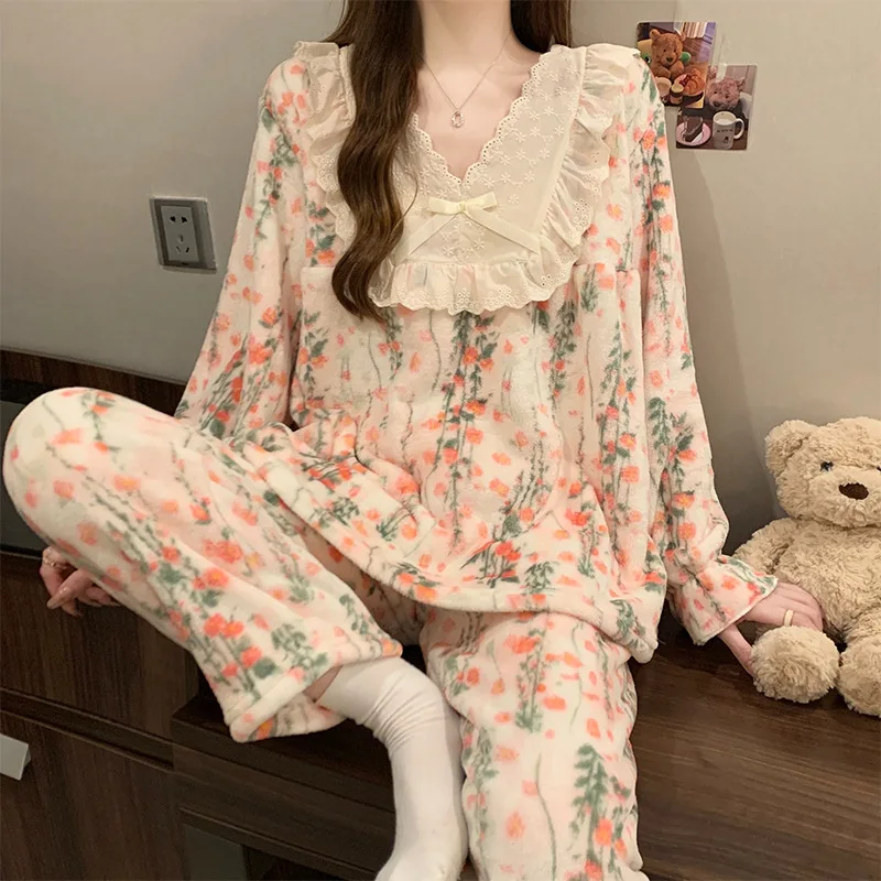 

M-2XL зимний пижамный комплект, женский мягкий коралловый флис, утепленная теплая одежда для сна, кружевные пижамы с v-образным вырезом и цветочным принтом, домашняя одежда принцессы, наряды