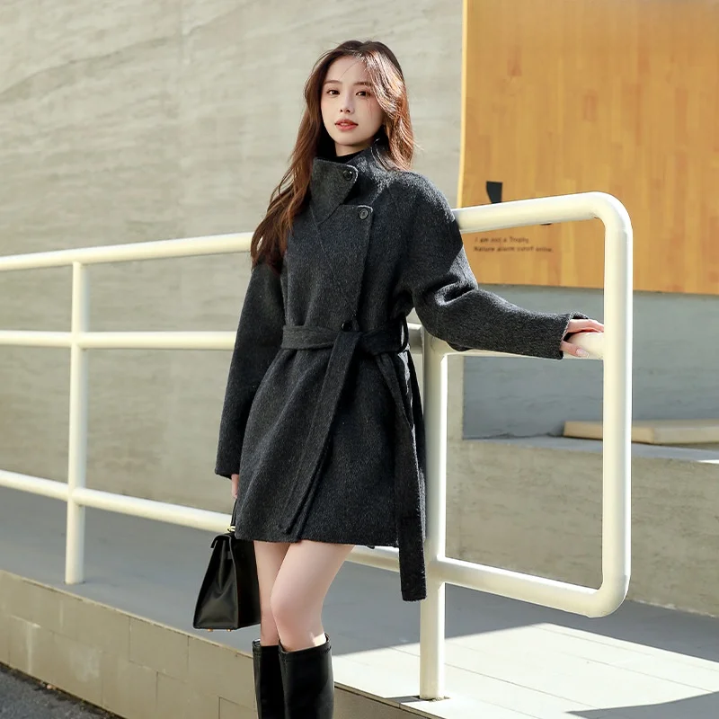 양면 카메라 와이드 레그 코트 여성용 가을 겨울 패션 한국 스타일 스탠드 칼라 루즈 울 재킷 우아함